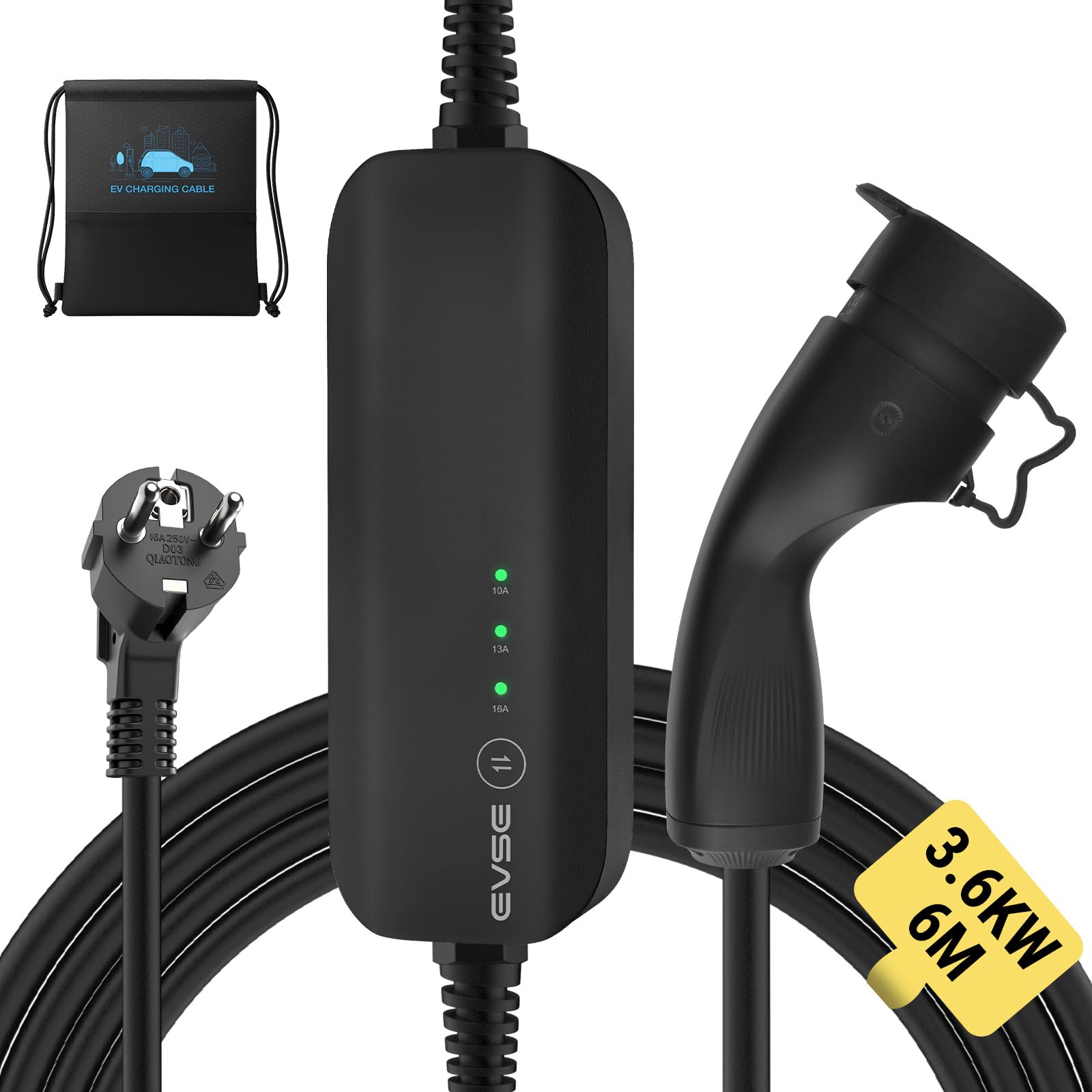 Cargador EV Tipo 2 Schuko Portátil Wallbox con Bolsa de Transporte para Todos los Vehículos Eléctricos y Coches Híbridos Enchufables 3.6kW 10/13/16Amp 6 Metros Monofásico