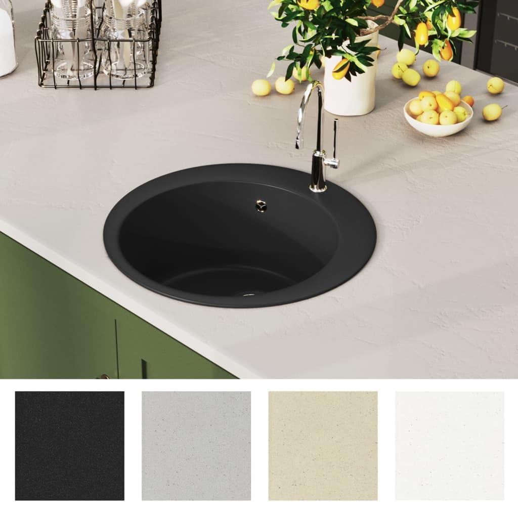 Fregadero De Cocina De Granito Redondo con Cubeta Única, 80% Cuarzo y 20% Resina, Resistente y Fácil De Limpiar, kitchen sink, Fregadero Bajo Encimera, Negro, 505x505x290 mm