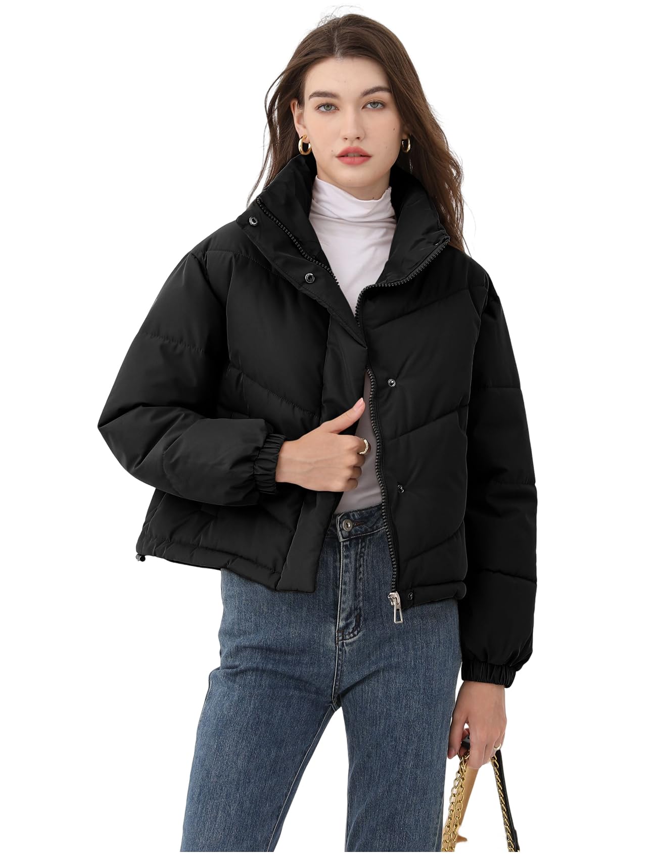 Wyeysyt Women's Cropped Puffer Jacket Winter Stand Collar Zip Up Short Quilted Jacket Lightweight Padded Warm Outerwear Coat