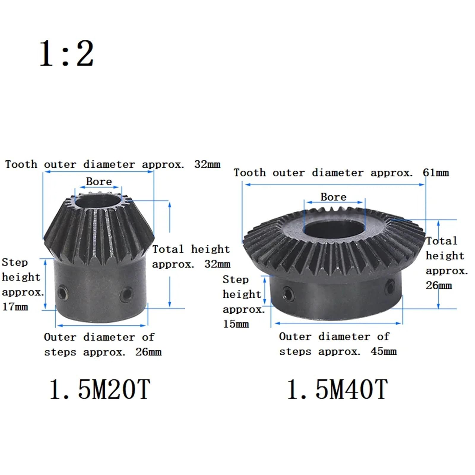 Engrenage conique simple 1,5m 1:2 15 dents 45# acier alésage 5/6/8/10/12mm 1 pièce(8mm)