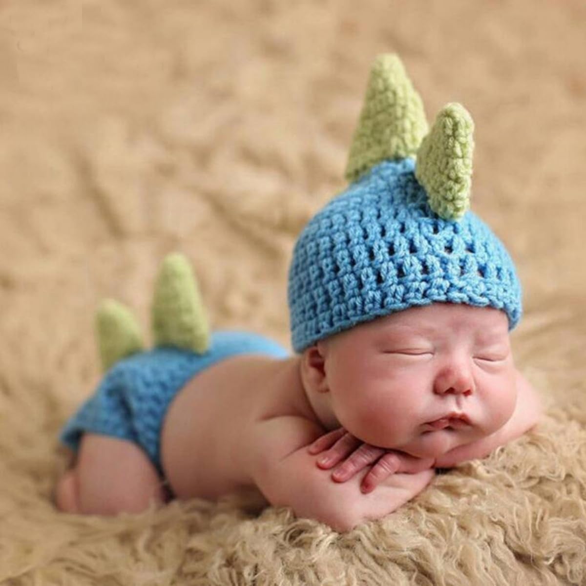 Newborn Photography Props Outfits Cute Knit Dinosaur Hat Diaper Cove Infant Baby Boy Girl Photoshoot Props Costume