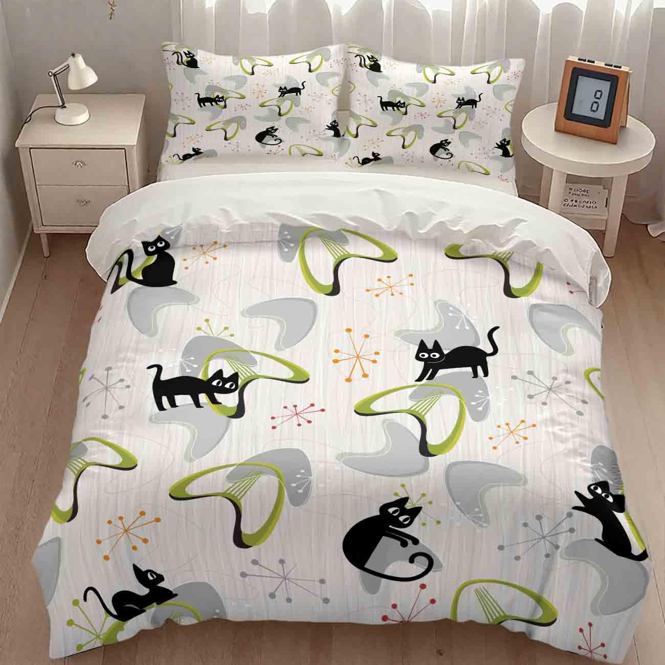 Mid Century Bedding Set,Retro Black Cat Atomic Diamond Star 1950s 1960s Abstract Geometric Minimalist Simple Modern Comforter Set with Pillowcase for Bedroom Bed Decor,King 102"x90"