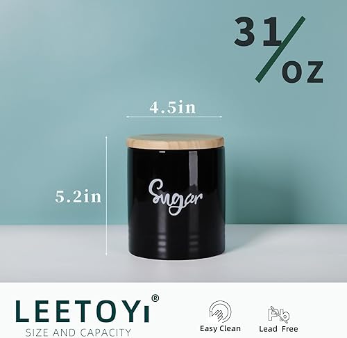 Miniatura 2 de LEETOYI Contenedores de almacenamiento de alimentos de porcelana con tapa, 4.5 pulgadas, 31 onzas, azúcar etiquetado negro