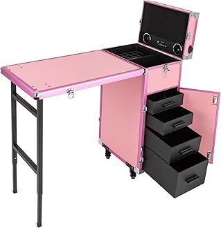Cbhfmljd Rolling Manicure Table Makeup Train Case, Portable Nail Table Travel Cosmetic Trolley Storage Organizer Travel Nail Desk Nail Tech Travel Case with 4 Drawers Mirror & Speaker