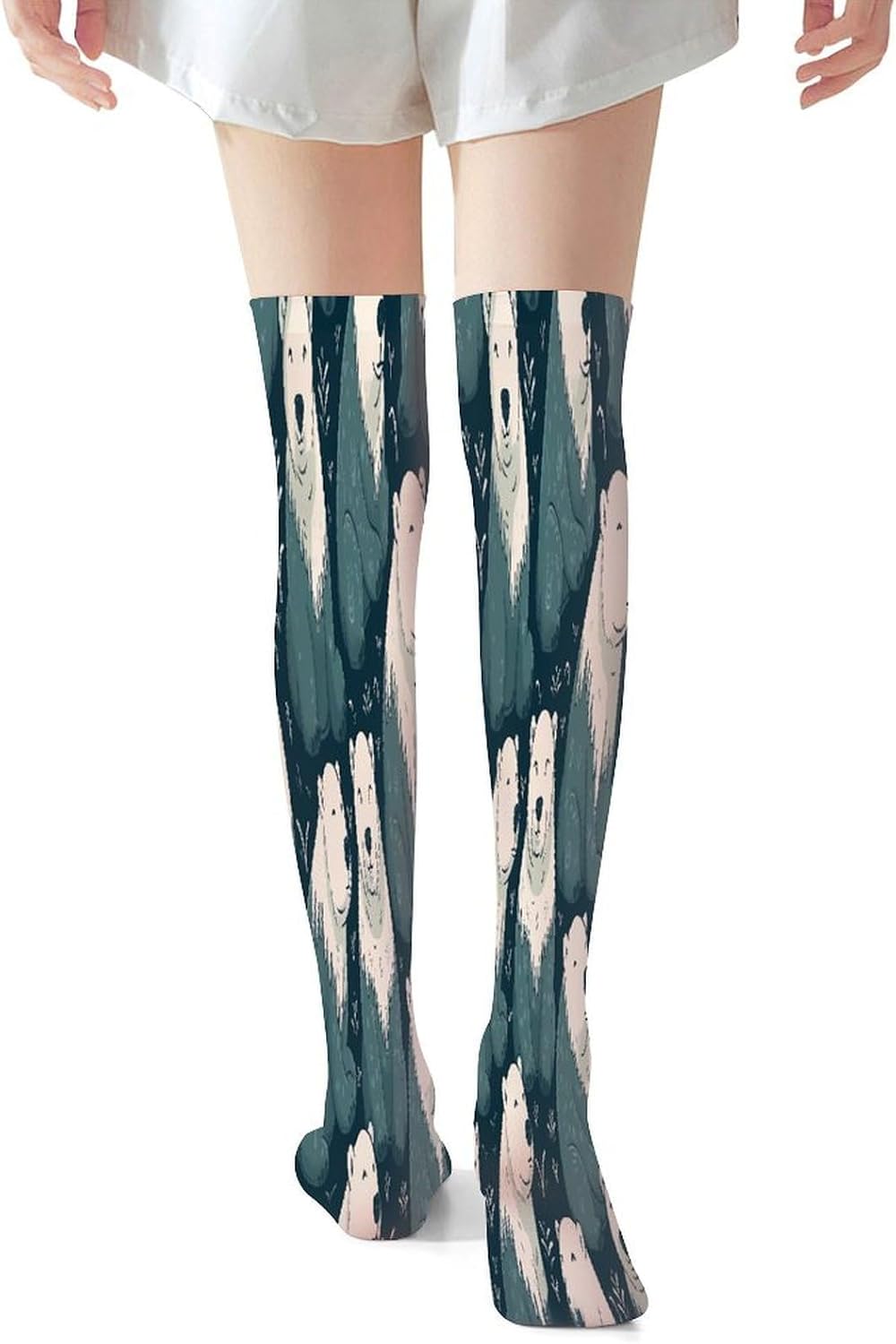 Polar Bear Pattern Women High Waist Fishnet Stockings Stretch Mesh Pantyhose Sexy Trendy Legwear for Daily Wear