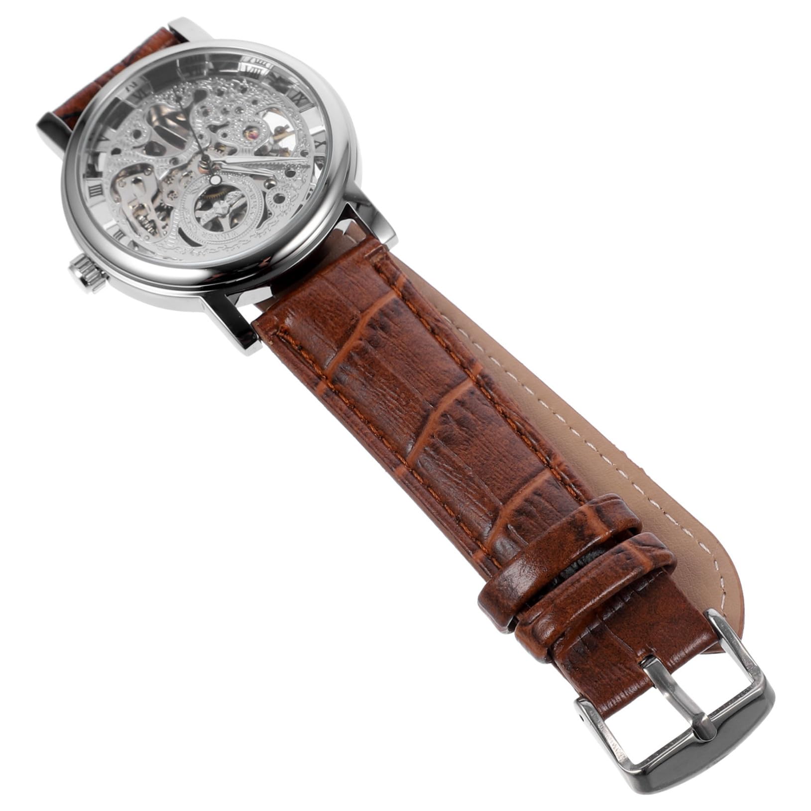 FOMIYES Orologio Meccanico Uomo Winner 036 Quadrante Rotondo Argento | Quadrante Scheletrato con 12 Numeri Romani, Fondello Trasparente, Cinturino Pu