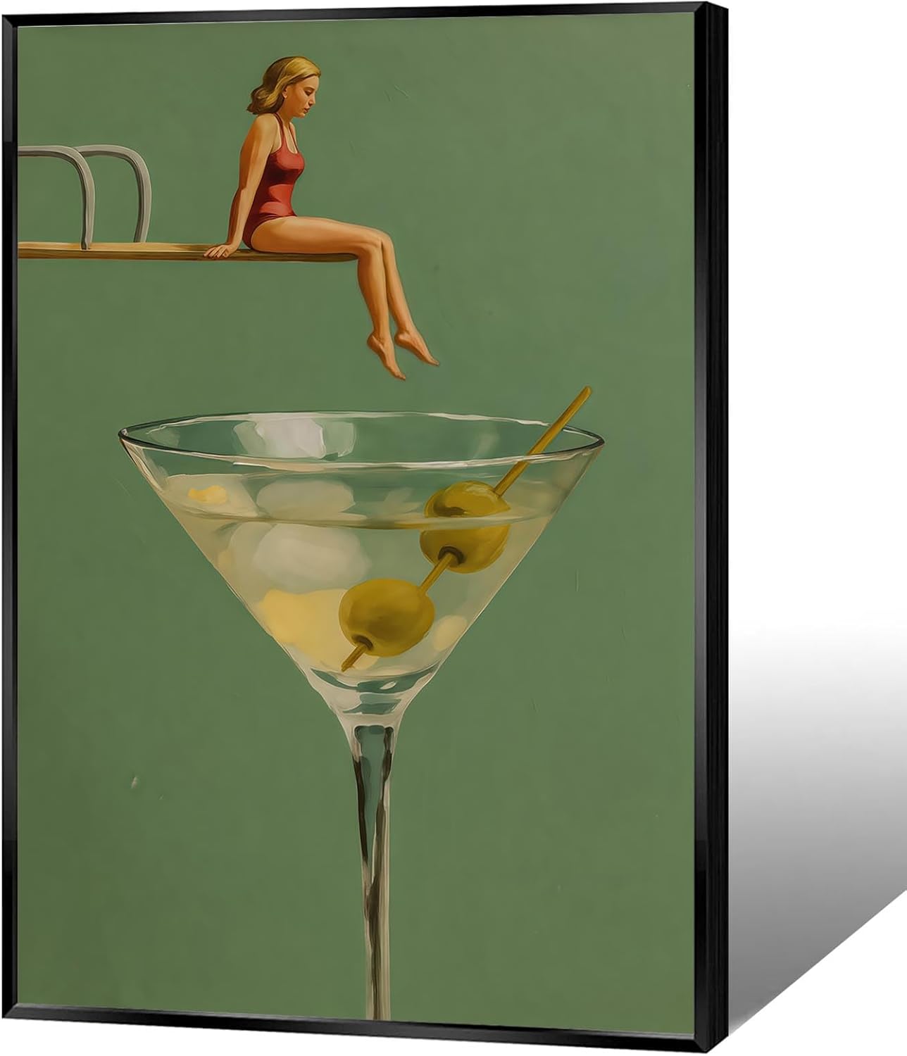 Vintage Surreal Martini Canvas Wall Art Funny Cocktail Diving Board Women'S Posters Trendy Sage Green Alcohol Aesthetic Prints Painting For Home Kitchen Dorm Wall Decor 16x24in Framed