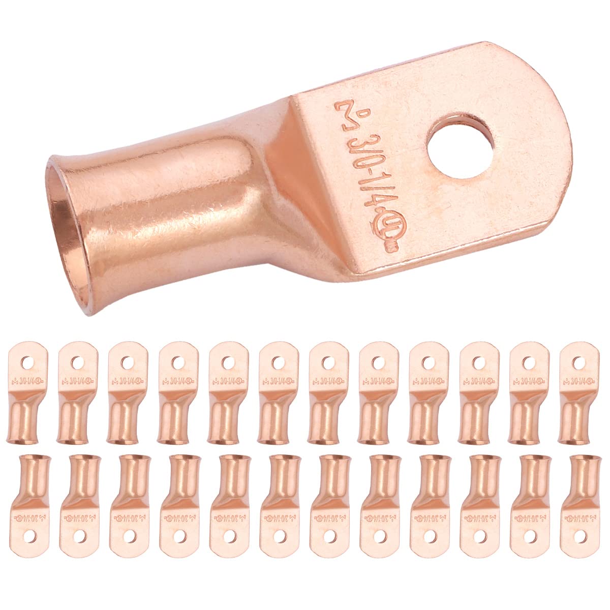 SELTERM 3/0 AWG - 1/4" (M6) ⌀ Hole UL Heavy Duty Wire Lugs, Battery Cable Ends, Bare Copper Eyelets, Tubular Ring Terminal Connectors [B83] - 25 Pack — image 1