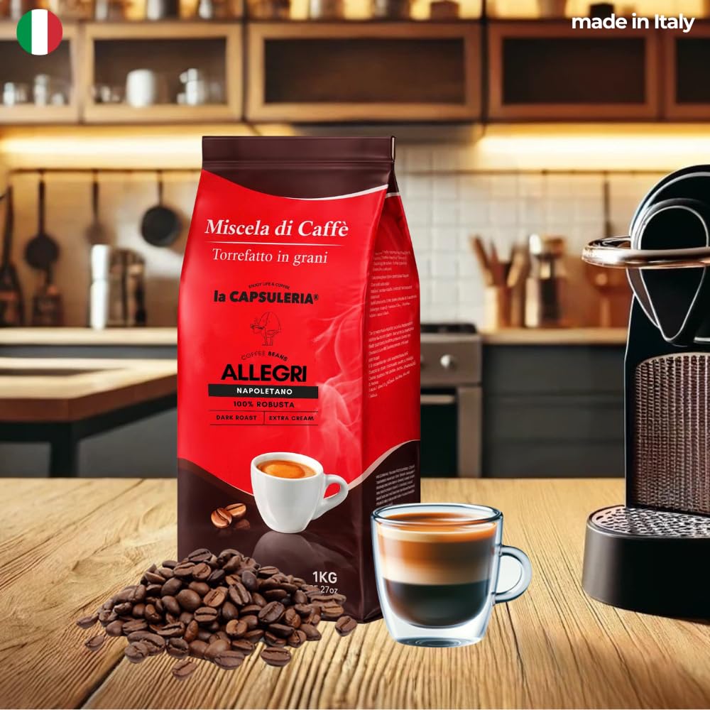 CAFÉ EN GRANO ALLEGRI NAPOLETANO (6 kg) - 100% Robusta | Pack 6 kg (6 x 1 kg) | Café en grano 100% Robusta, tostado en Italia, fuerte, intenso y con cuerpo