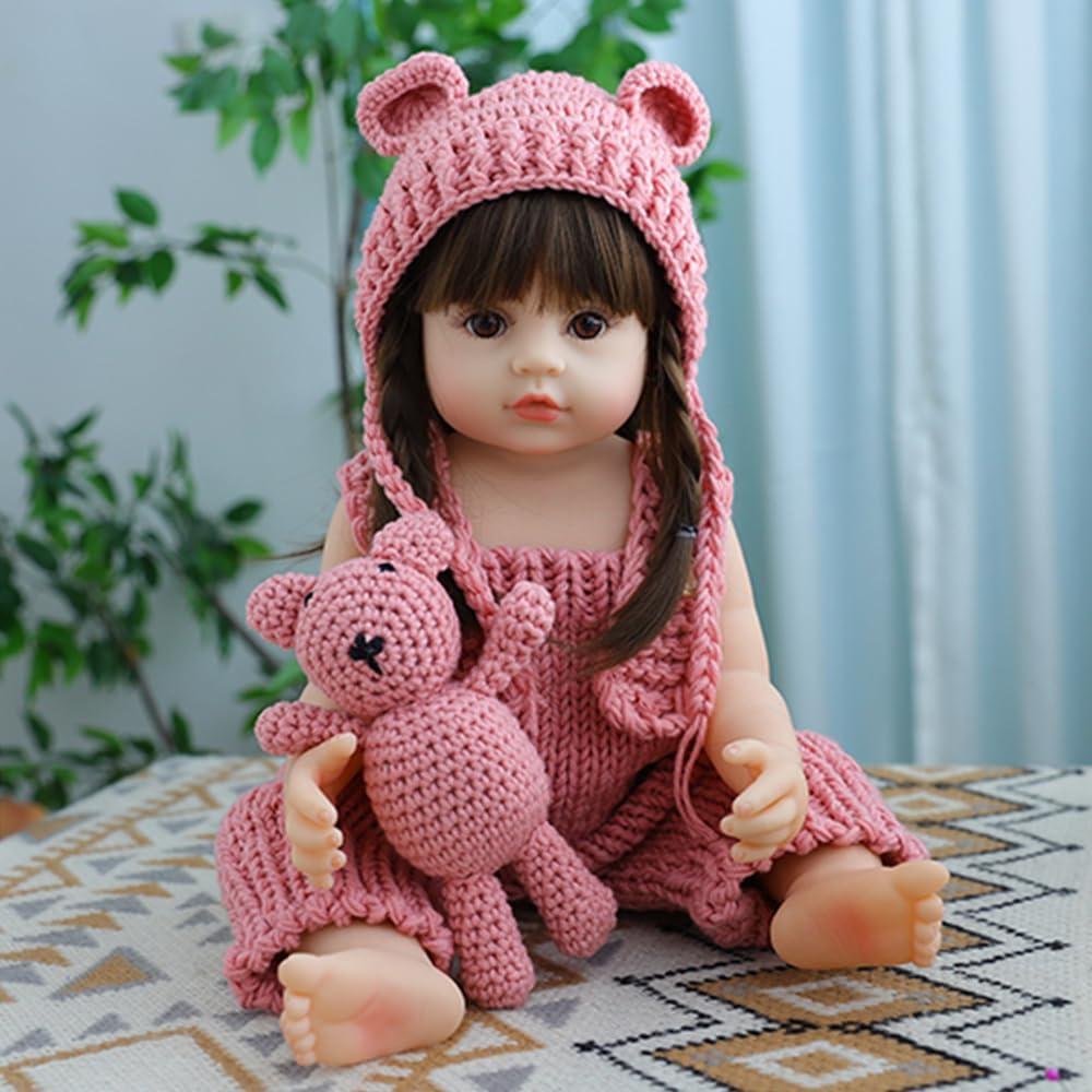 lifelike reborn baby dolls 22 inch reborn baby dolls silicone full body girl crochet knit bear doll with matching hat and outfit, pink, 55cm reborn toddler dolls boys girls toys & gifts