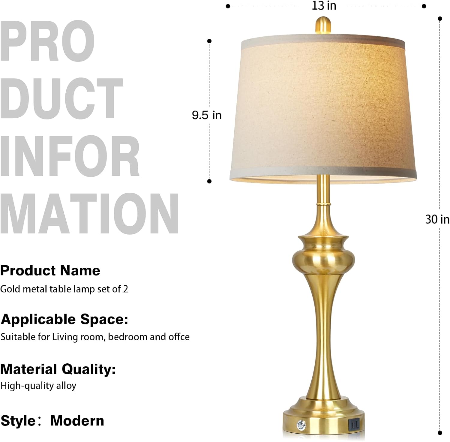 Rinweey 30" Gold Tall Table Lamps for Living Room, Touch Control Modern Bedroom Table Lamp with USB A+C Ports, 3-Way Bedside Lamps Set of 2, Elegant Metal Lamp for Night Stand Desk Side Table Office