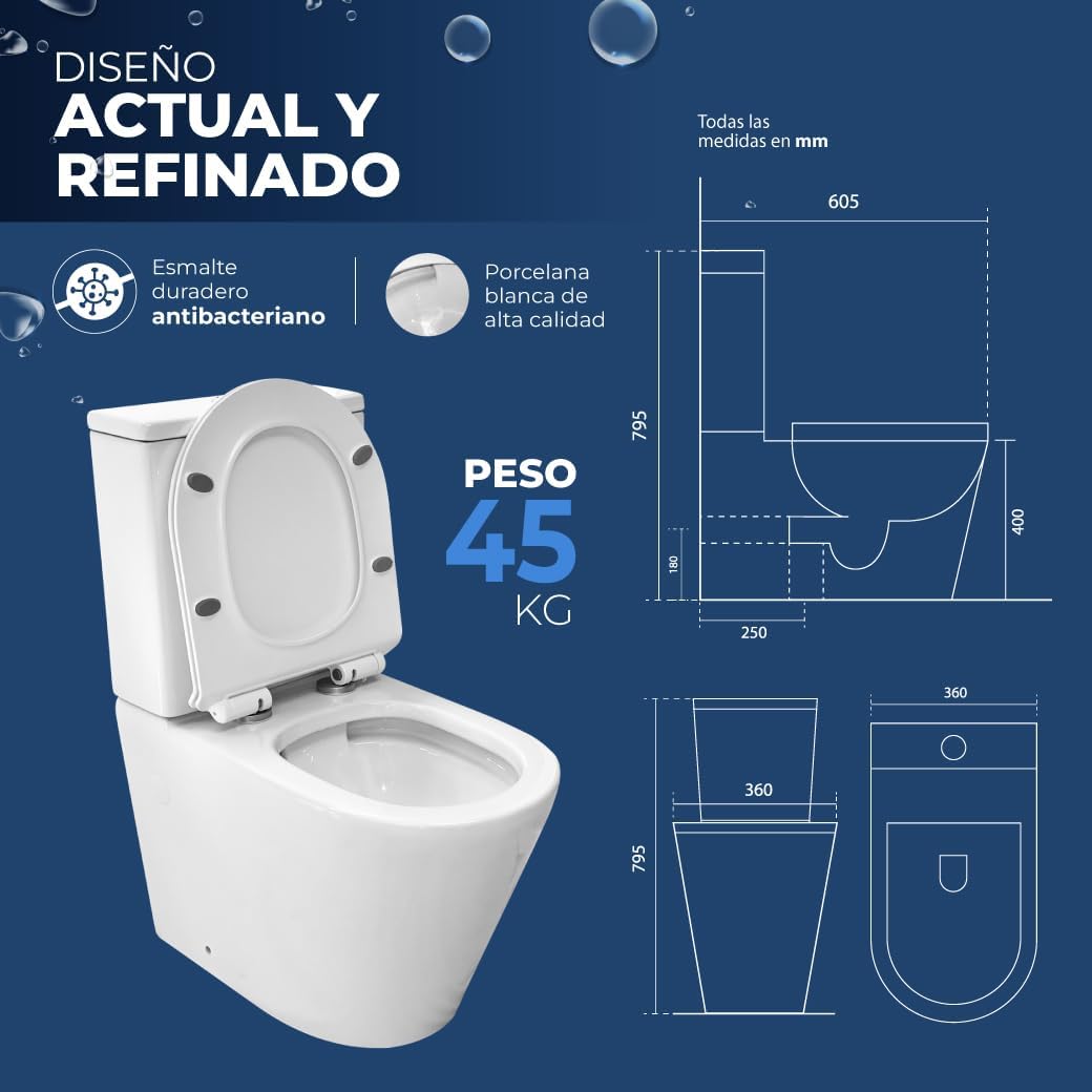 Inodoro Completo - WC Inodoro Completo con Sistema Rimless Antibacterias - Vater Baño con Tapa UF Termodurente Amortiguada - Inodoro Salida Dual Eficiente con Ahorro de Agua (Venecia)