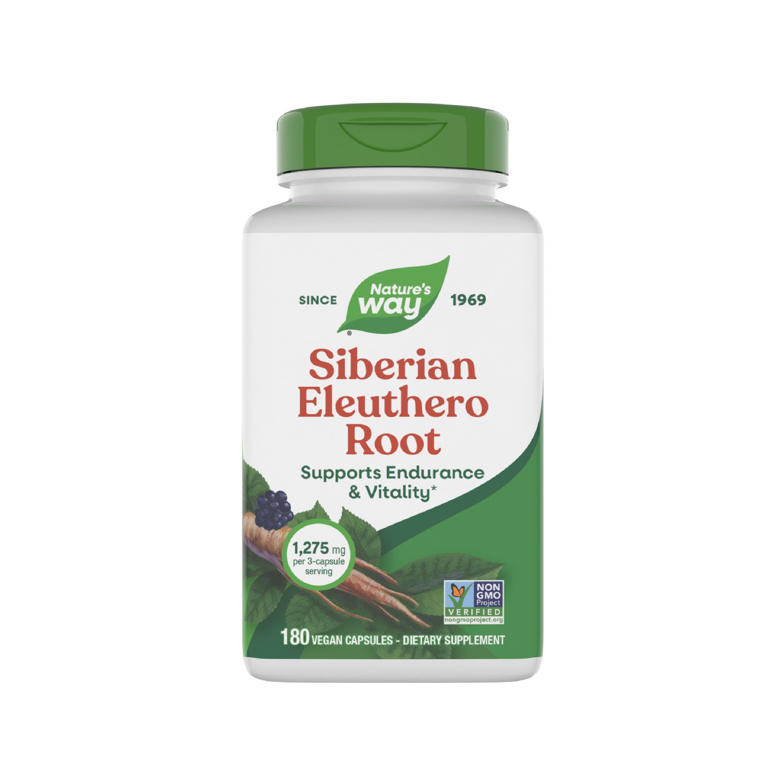 Nature's Way Premium Herbal Siberian Eleuthero Root Supplement, Supports Endurance & Vitality*, Adaptogen*, 1,275mg per 3-Capsule Serving, Non-GMO Project Verified, 180 Capsules (Packaging May Vary)