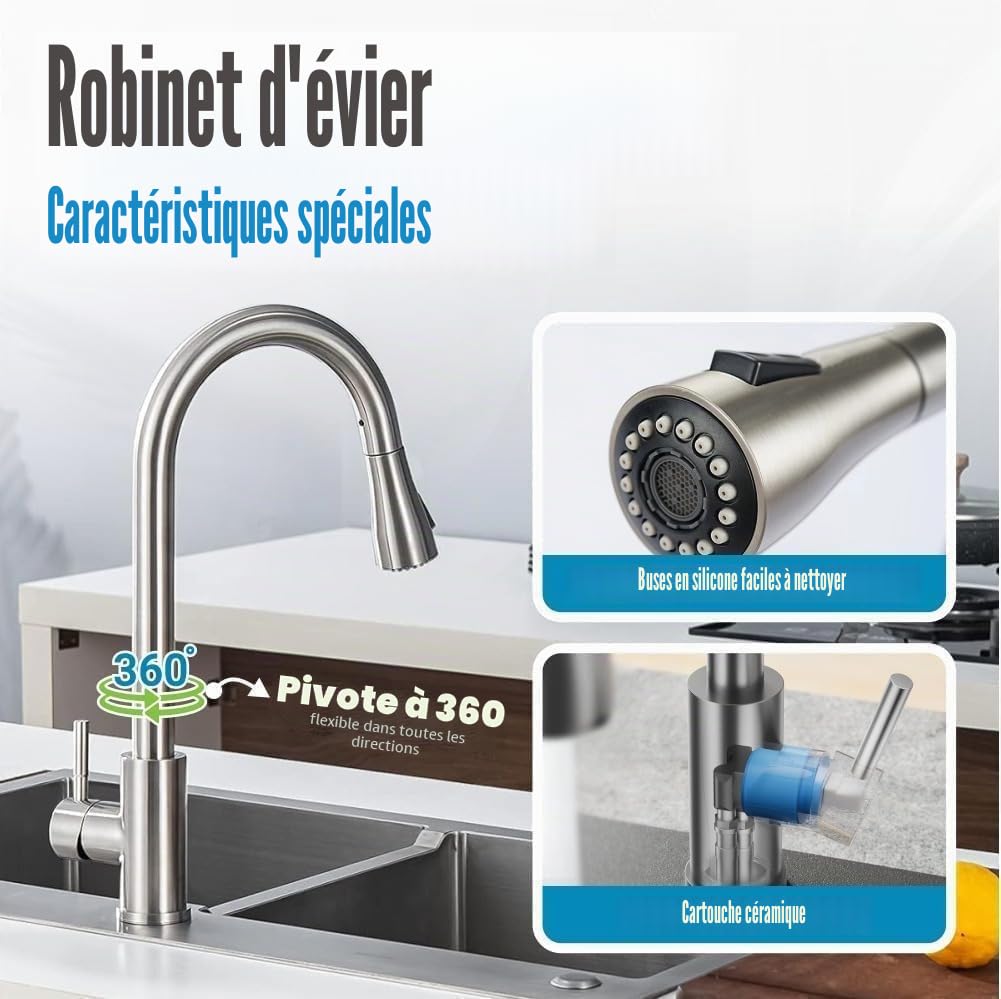 Mitigeur de cuisine extensible en acier inoxydable. 3 fonctions : 2 jets et pause. Robinet extractible pour évier.
