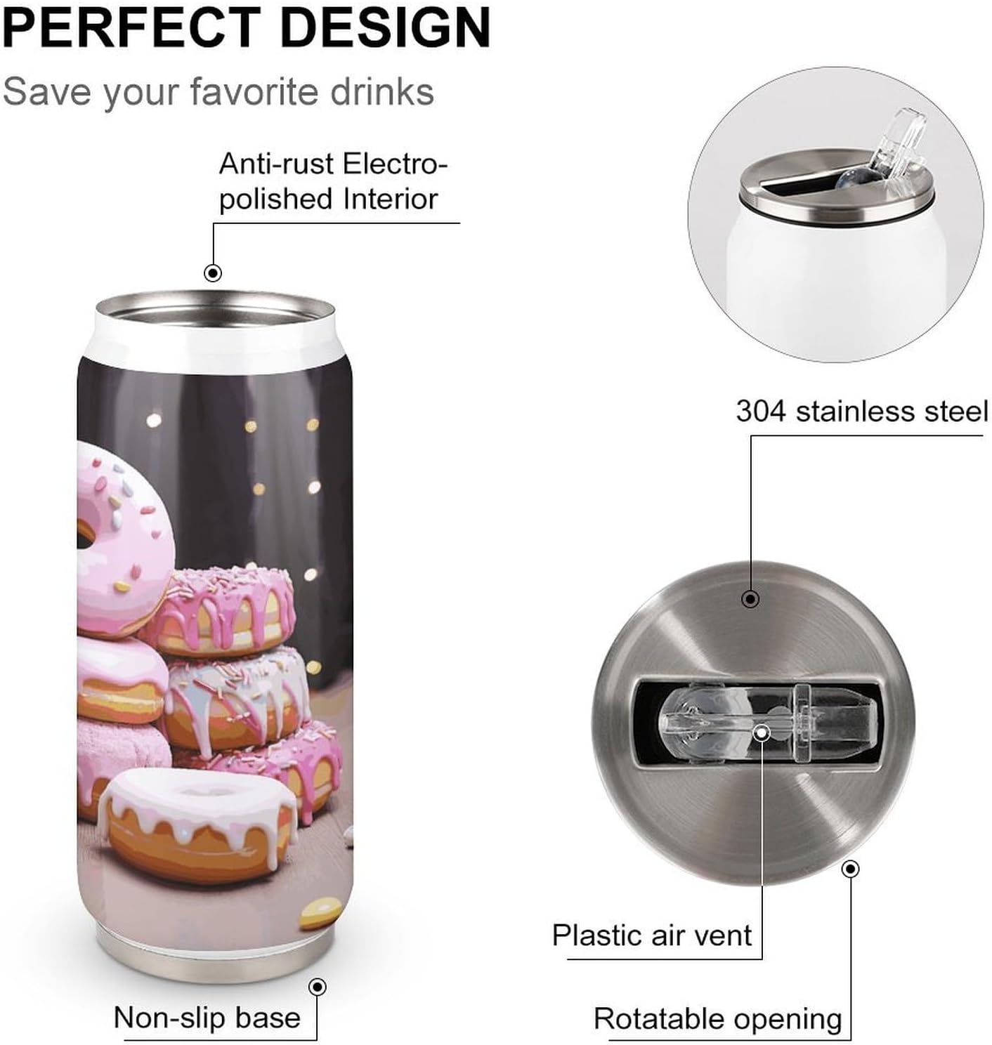 Stainless Steel Cups Donut Cake Printed Coke Cup Stainless Steel Insulated Cups with Lid And Straw