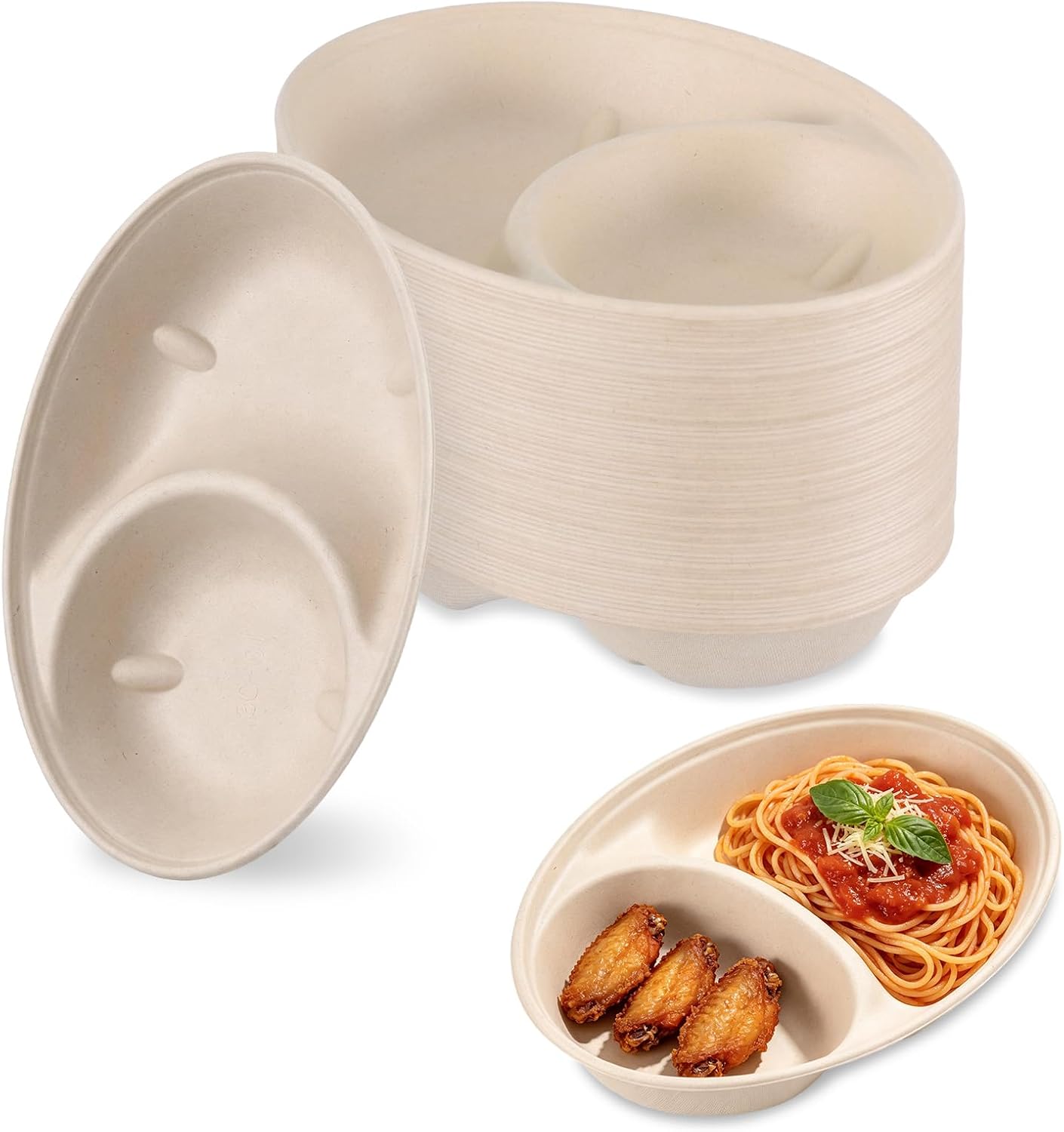 60 Pack 2 Compartment Oval Disposable Bowls, 9.3 x 6.7 x 1.4 Inch Biodegradable Sugarcane Fiber Food Trays, Microwave Safe Paper Bowls for Salad, Nachos, Burritos, Soup & Fruits