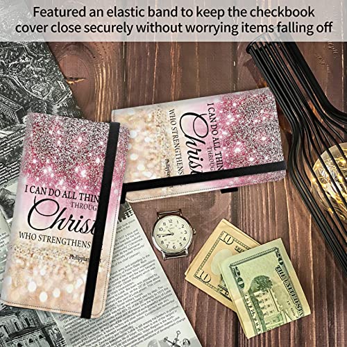 Image of FUYOCWE Checkbook Covers for Personal Checkbook,RFID Blocking Leather Check Book Covers Wallet with Pen Holder & Card Slot for Women Men, I can do all things through christ, 8 x 7.3 inches, Classic