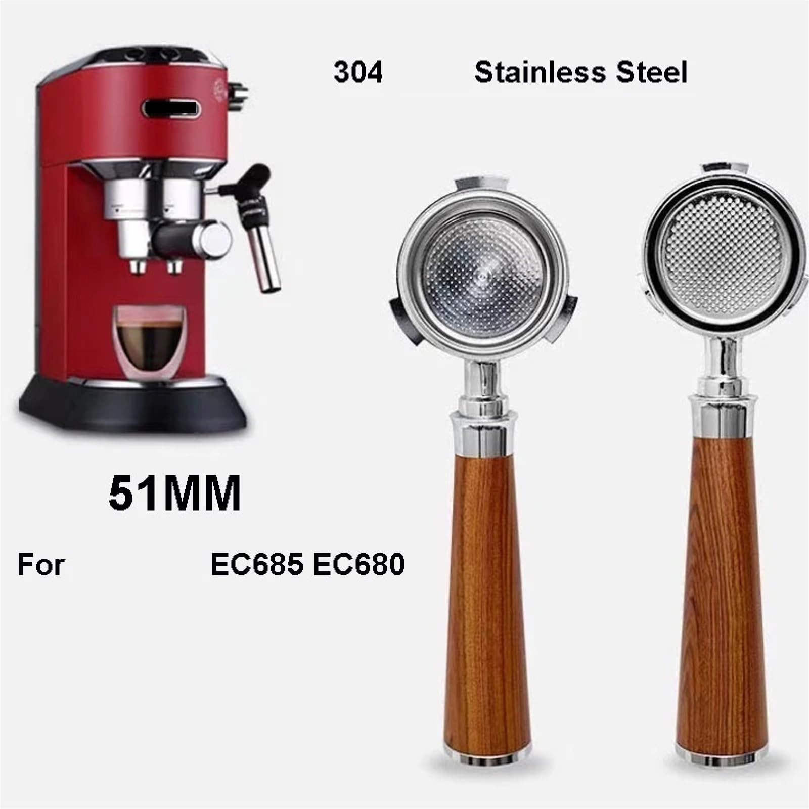 Portafiltro Compatible Con De'Longhi Dedica EC680/EC685. | Portafiltro sin fondo de 51 mm y 3 orejas con mango de madera - Cesta de filtro de repuesto for barista(B.230X51mm)