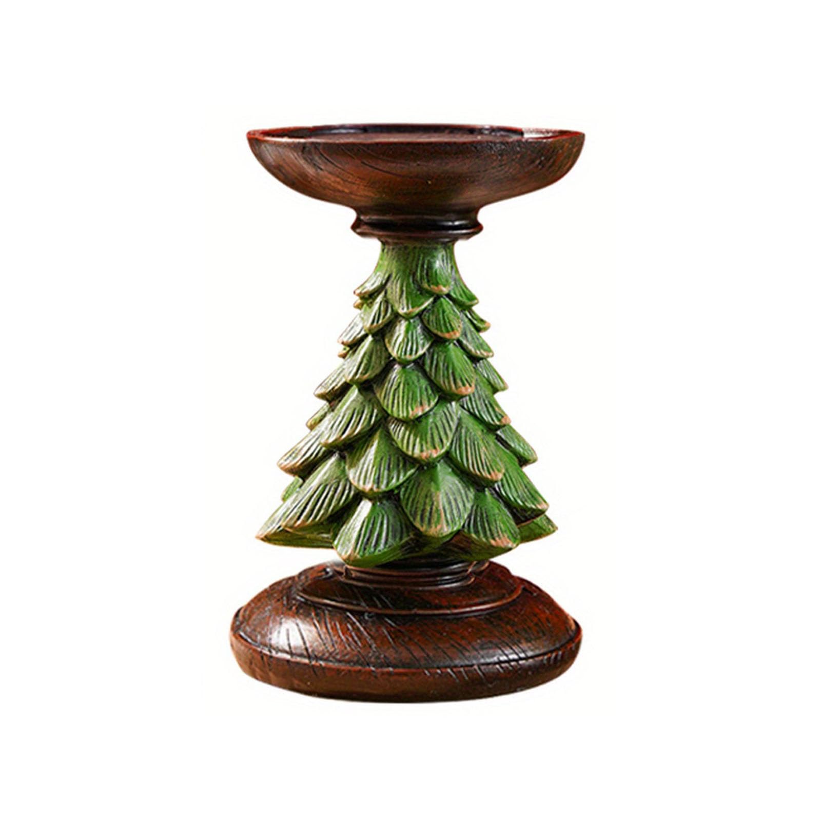 Elnwnnkc Resin Decorative Stand with Christmas Tree Pedestal, Distressed Finish Round Tray Accent for Holiday Home Decor Holiday Holder Christmas Tree Stand Resin Mantel Decor Table Centerpiece
