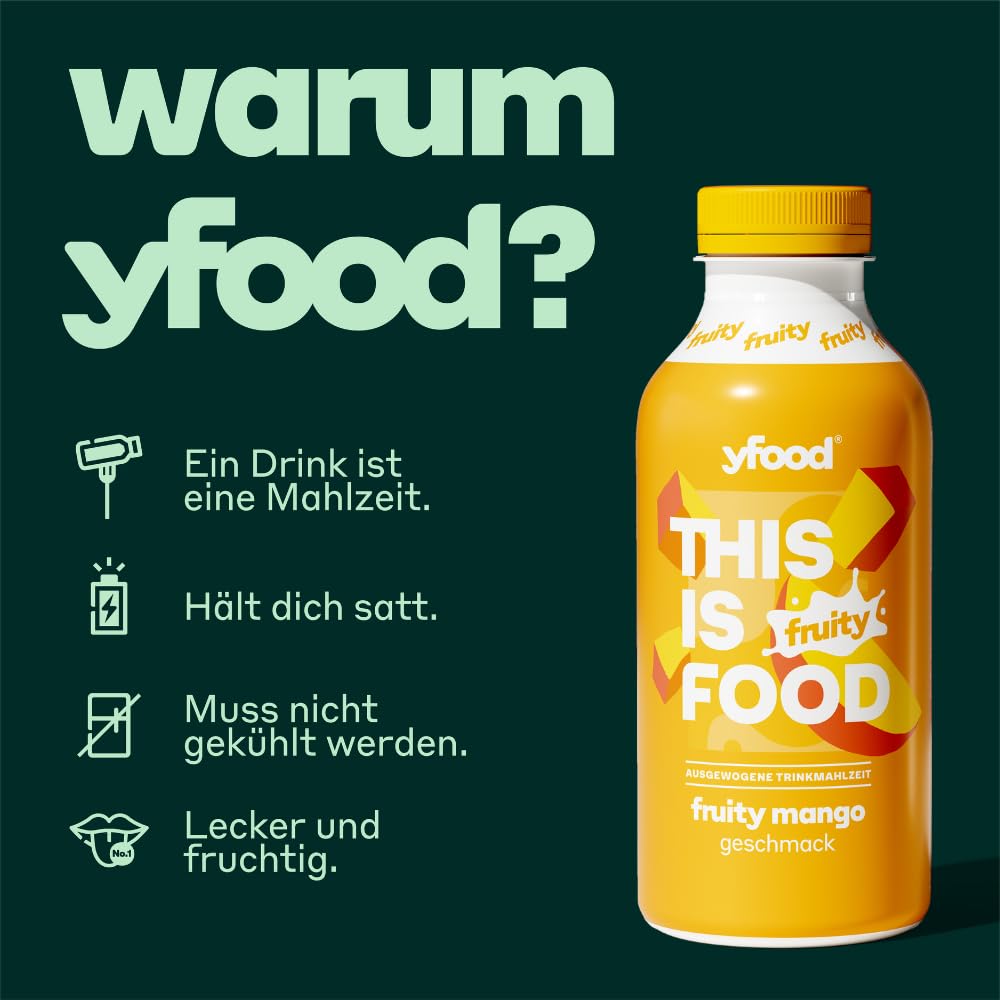 yfood Trinkmahlzeit Fruity Mango - 12 x 500 ml für unterwegs & stressige Tage - vollwertig & ready-to-drink mit 27 g Protein, Vitaminen und Mineralstoffen - inkl. 3 € Pfand