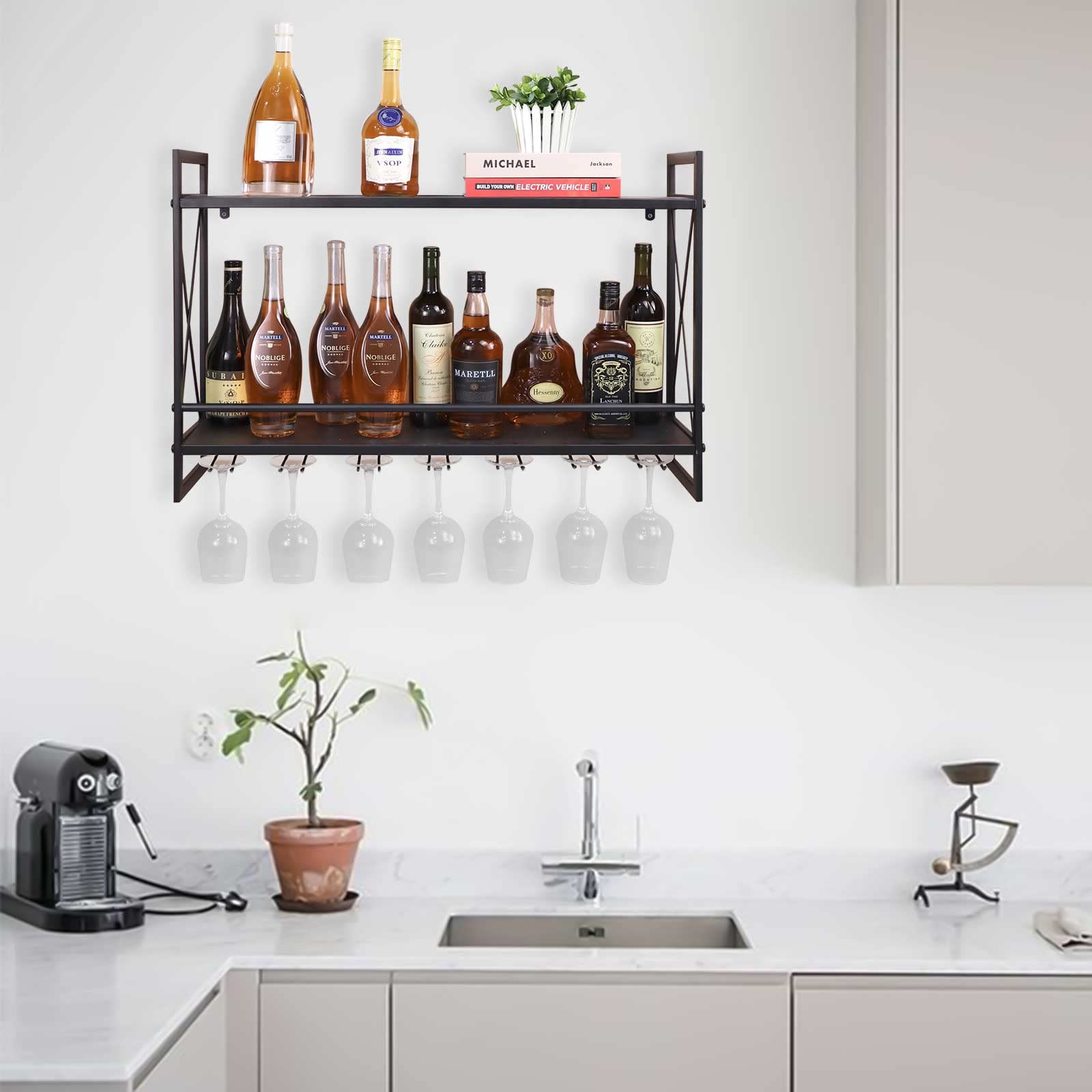 Wijnrekken Industriële wijnrekken Wandmontage met glazen houder, rustieke metalen hangende wijnhouderaccessoires, 2-laags wandmontage flessenhouder Glazen rek, houten wandplank (Zwart, Brons, Goud