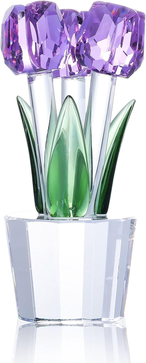 Movdyka Tulips Glass Flowers Figurines Crystal Decor Collectibles Crystal Purple Flowers Bouquet Ornaments Mothers Day Tulip Gifts for Women on Anniversary Wedding Christmas Valentines