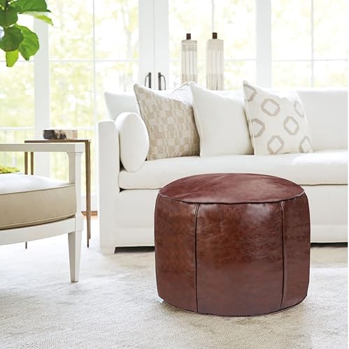 Miniatura 6 de Puf otomano de cuero sintético hecho a mano de lujo sin relleno, reposapiés de piso, solución de almacenamiento – Taburete redondo pequeño de 20 x