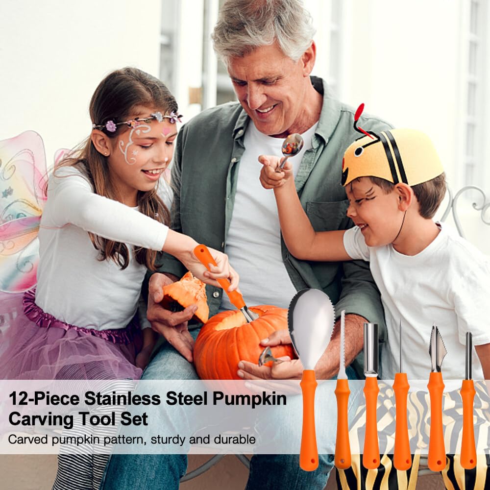 Kit de Calabaza Tallado de Halloween, 12 Piezas Juego de Tallado de Calabaza, Kit de Tallar de Calabazas con Plantillas y Estuche de Transporte, Pumpkin Carving Kit para Adultos y Niños