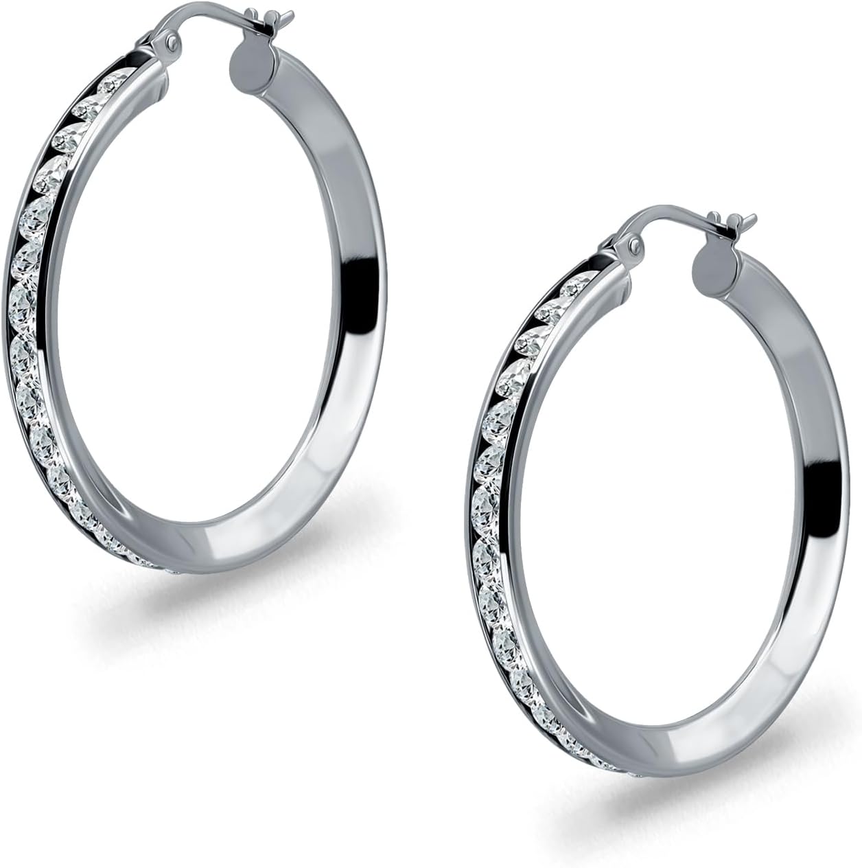Sterling Silver Cubic Zirconia Channel-Set Lightweight 3mm Round Click-Top Hoop Earrings, Sizes 20-25-30mm