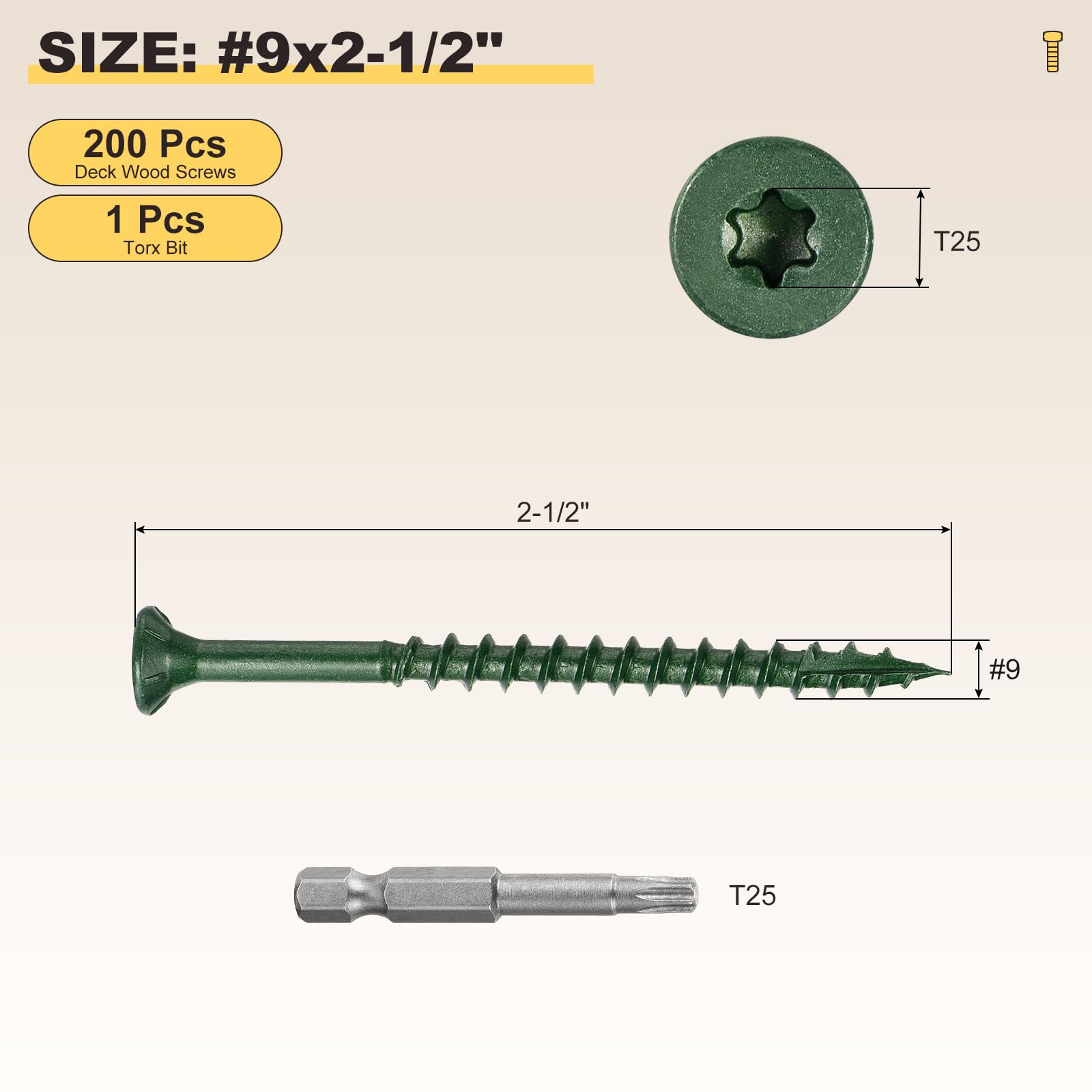 METALLIXITY Deck Screws (#9x2-1/2") 200Pcs, Carbon Steel Wood Screw Decking Screws Epoxy Coated with T25 Torx Drive Head - Image 2