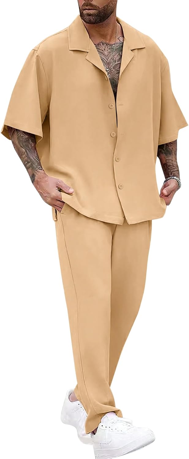 LecGee Men Summer Casual Short Sleeve Pant Sets Solid Button Down Shirt Elastic Pants 2 Piece Outfits Beach Tracksuit