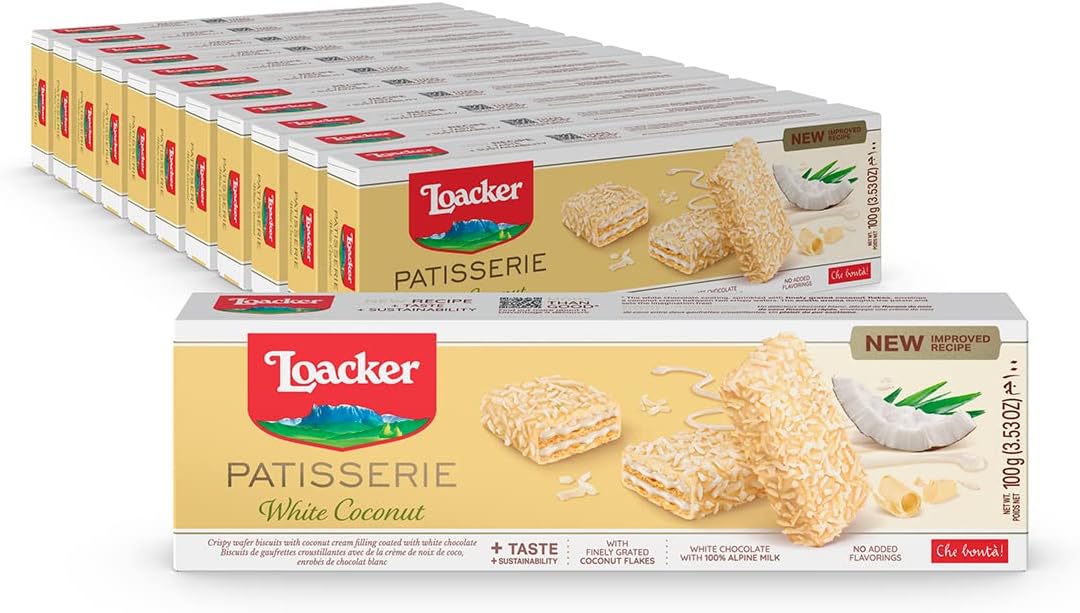 Patisserie White Coconut - Premium Bite Size White Chocolate Covered Crispy Wafer Cookies with Coconut Cream Filling, topped with Coconut flakes - Pack of 12