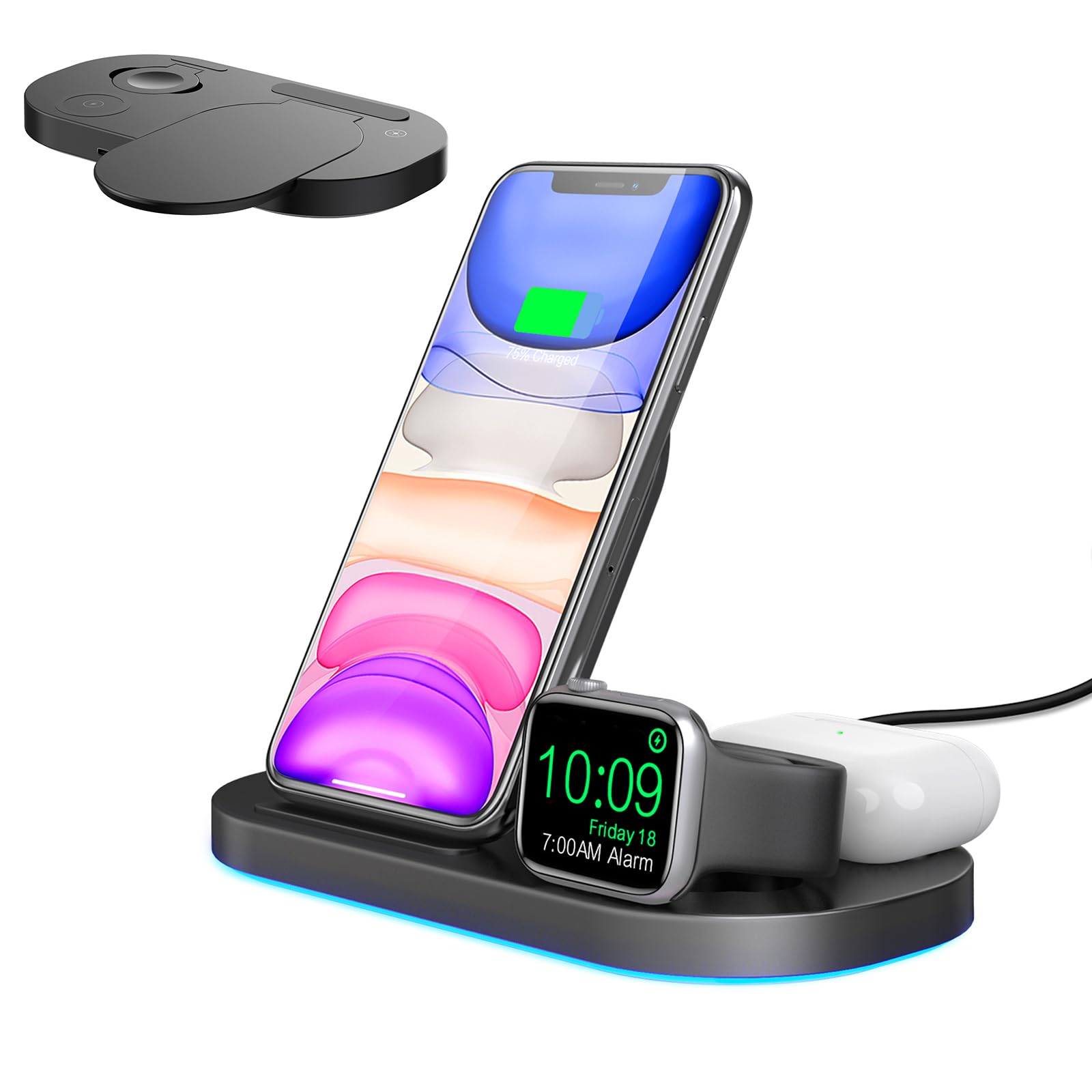 Wireless Charger 3 in 1 Charging Station Qi-Certified Fast Charging stand for 12/12 Pro/11/XS/XR/X/8, Watch Series 6/5/4/3/2, for AirPods 2/Pro