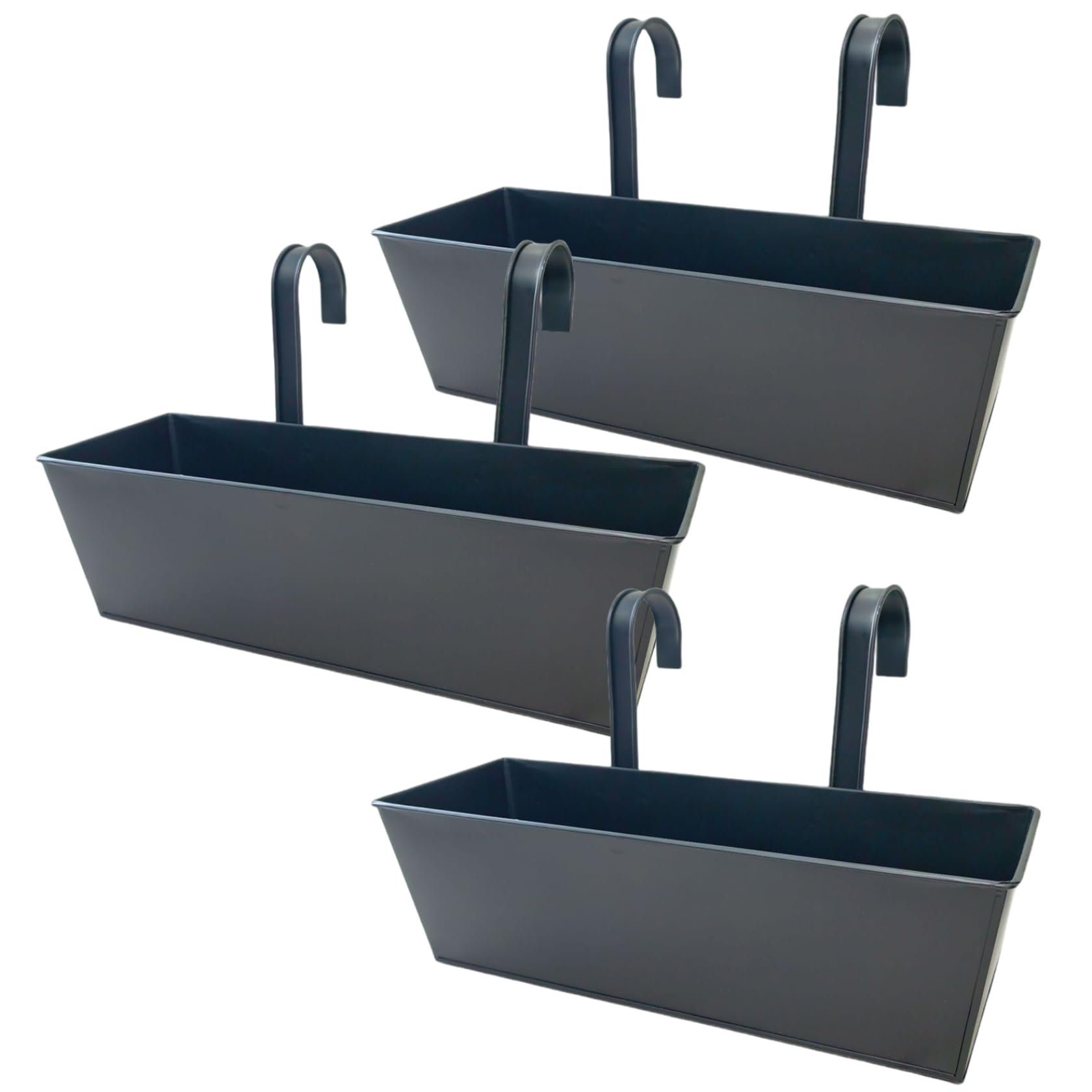 Bonalake Railing Planter Box, 3 Pack Metal Hanging Planter for Deck Railing with Drainage Holes & Dual Hooks, Outdoor Balcony Flower Boxes for RailingsRailing PlanterBalcony