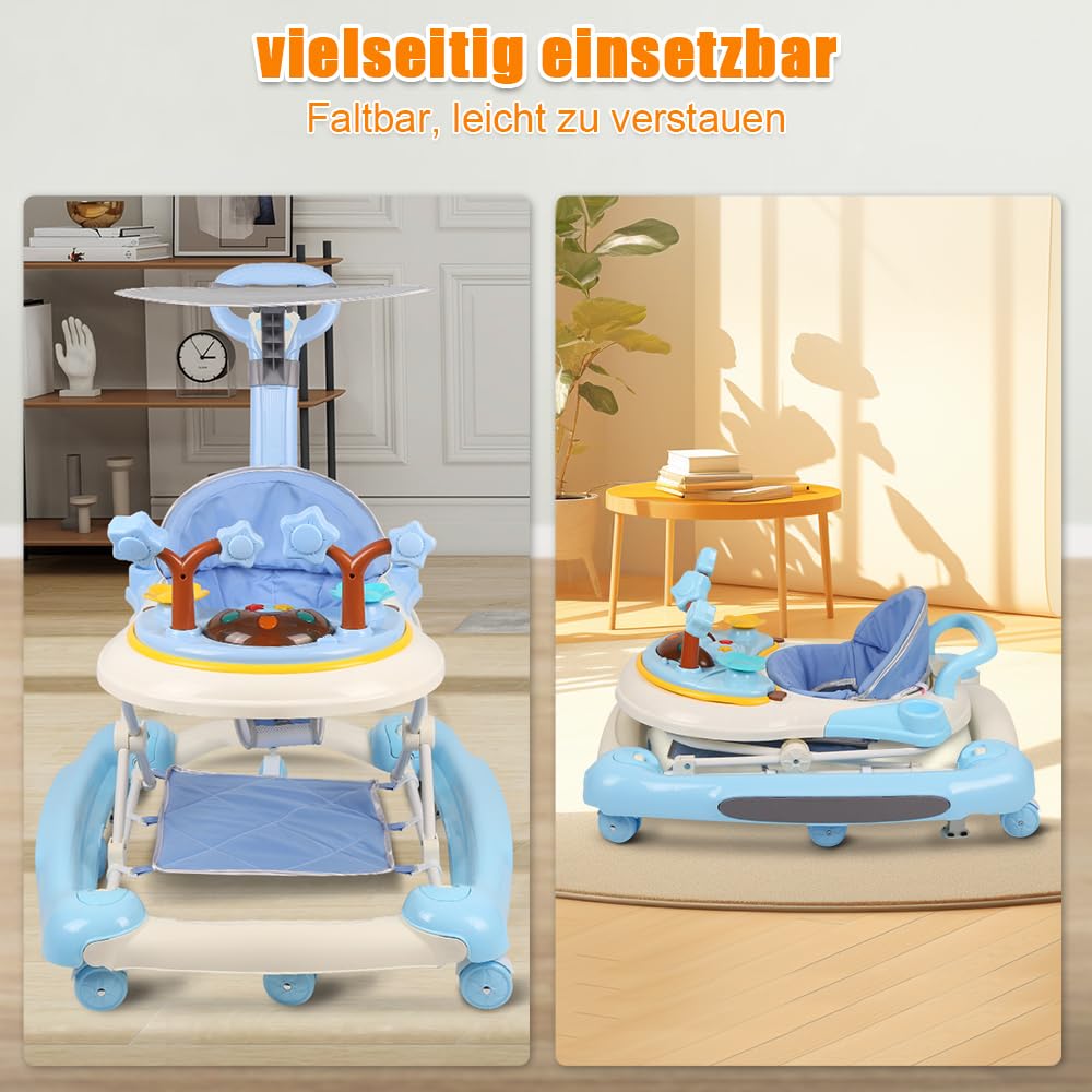 Andador de bebé 5 en 1, empujador plegable con música, altura ajustable en 5 posiciones, cuenco de comida desmontable, andador para bebé niña de 6 a 18 meses, 67 x 75 x 85 cm, color verde azulado