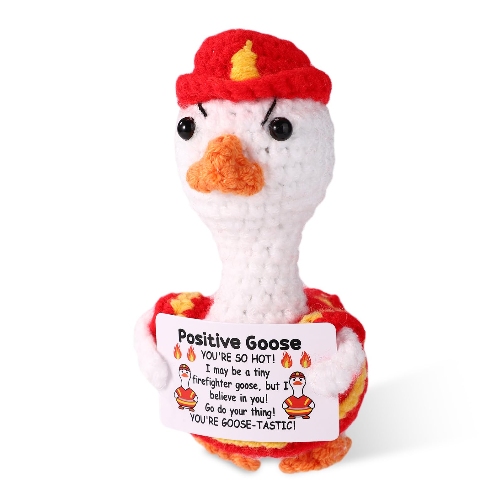 TOYMIS Goose Crochet, Emotional Doll Support Knitted Animal Inspirational Plush Potato with Positive Messages Card for Office Home Decor Fun Firefighter Gift