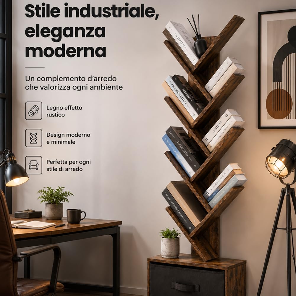 BAKAJI Libreria Scaffale 10 Ripiani Inclinati in Legno MDF con Cassetto in Tessuto, Scaffalatura con Design Moderno per Soggiorno, Salotto, Casa, Ufficio, Dimensione 149 x 38 x 20 cm
