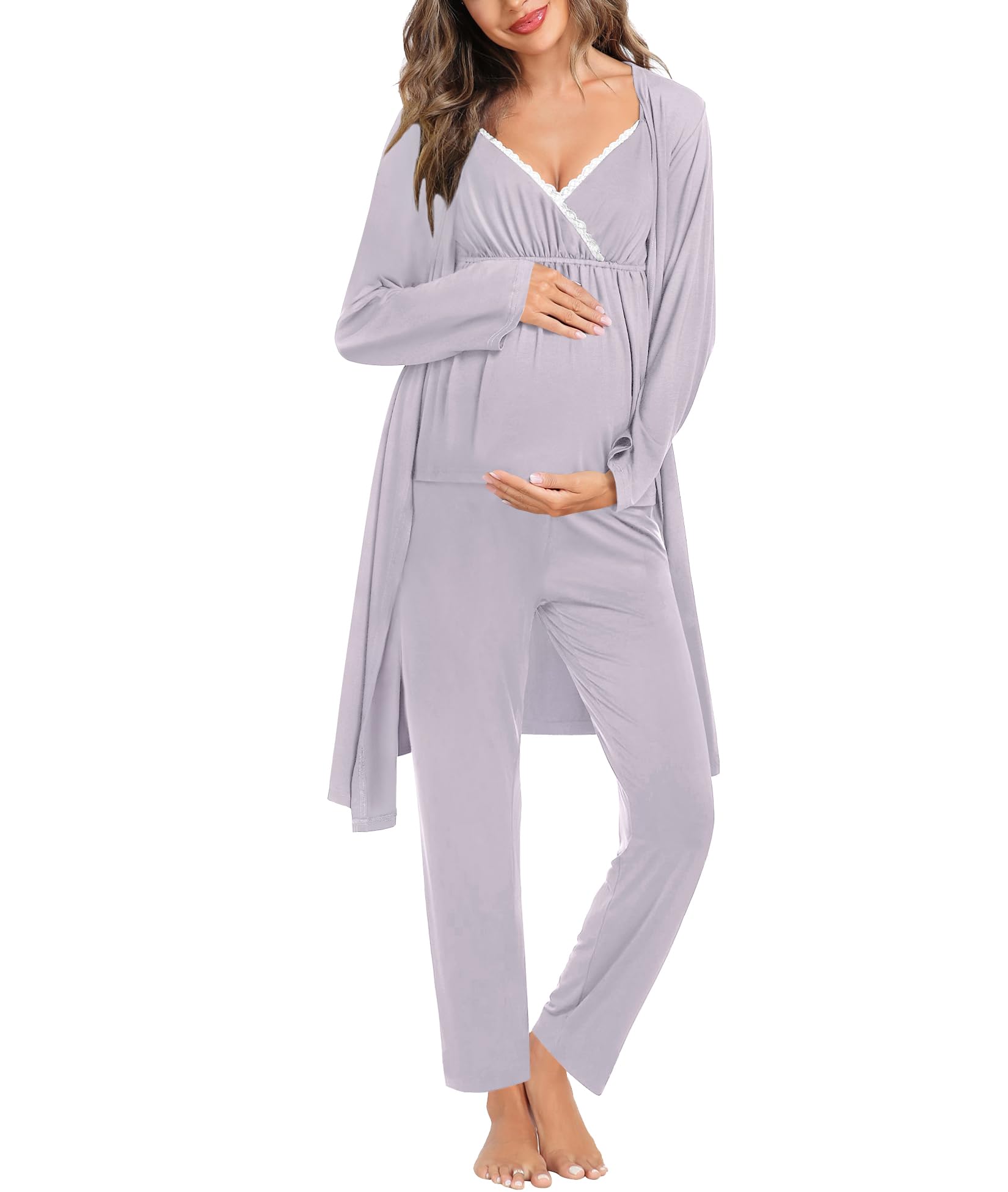 SWOMOG Maternity Nursing Robe Set 3 Piece Breastfeeding Pajamas 3 in 1 Labor Delivery Sleevless Tops&Long Pants Pregnancy Pjs