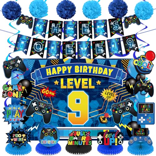 Video Game 9th Birthday Party Decorations Blue Black Happy Birthday Level 9 Banner Backdrop Honeycomb Centerpieces Hanging Swirls Tissue Paper Pompoms Kit for Boy 9 Years Old Game Controller Supplies