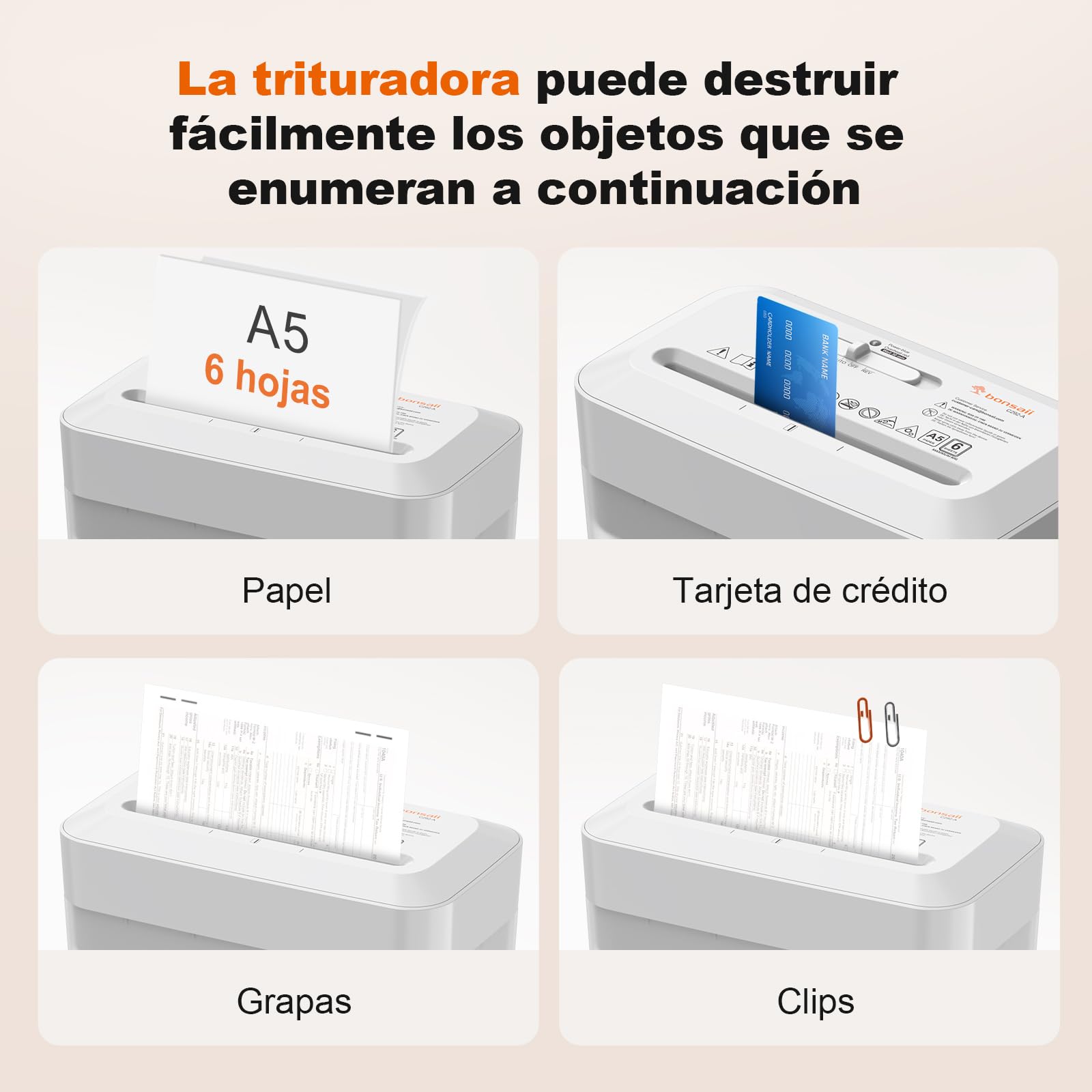 Bonsaii Trituradora de Papel, Corte Cruzado 6 Hojas (A5), Alta Seguridad P-4 con Papelera de 6L, para Papel, Tarjetas de Crédito, Clips & Grapas, C292-A