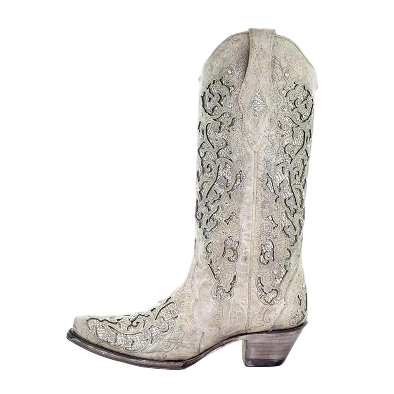 Womens Mid Calf Boots Fashion Rhinestone Decor Square Heel Casual Pu Leather Coarse Heel Dressy Boots