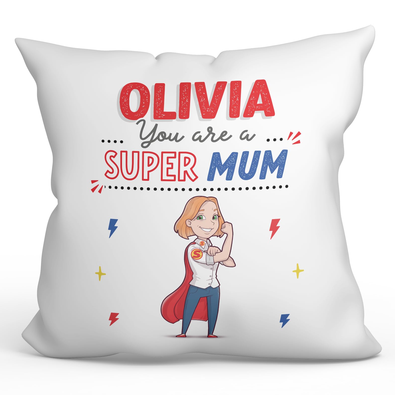 MUGFFINS Personalised Cushion for MOTHER/MUM Padding included - in English - You are Super! - Funny custom gift - Pillow: cover and filling 15.7x15.7 inches