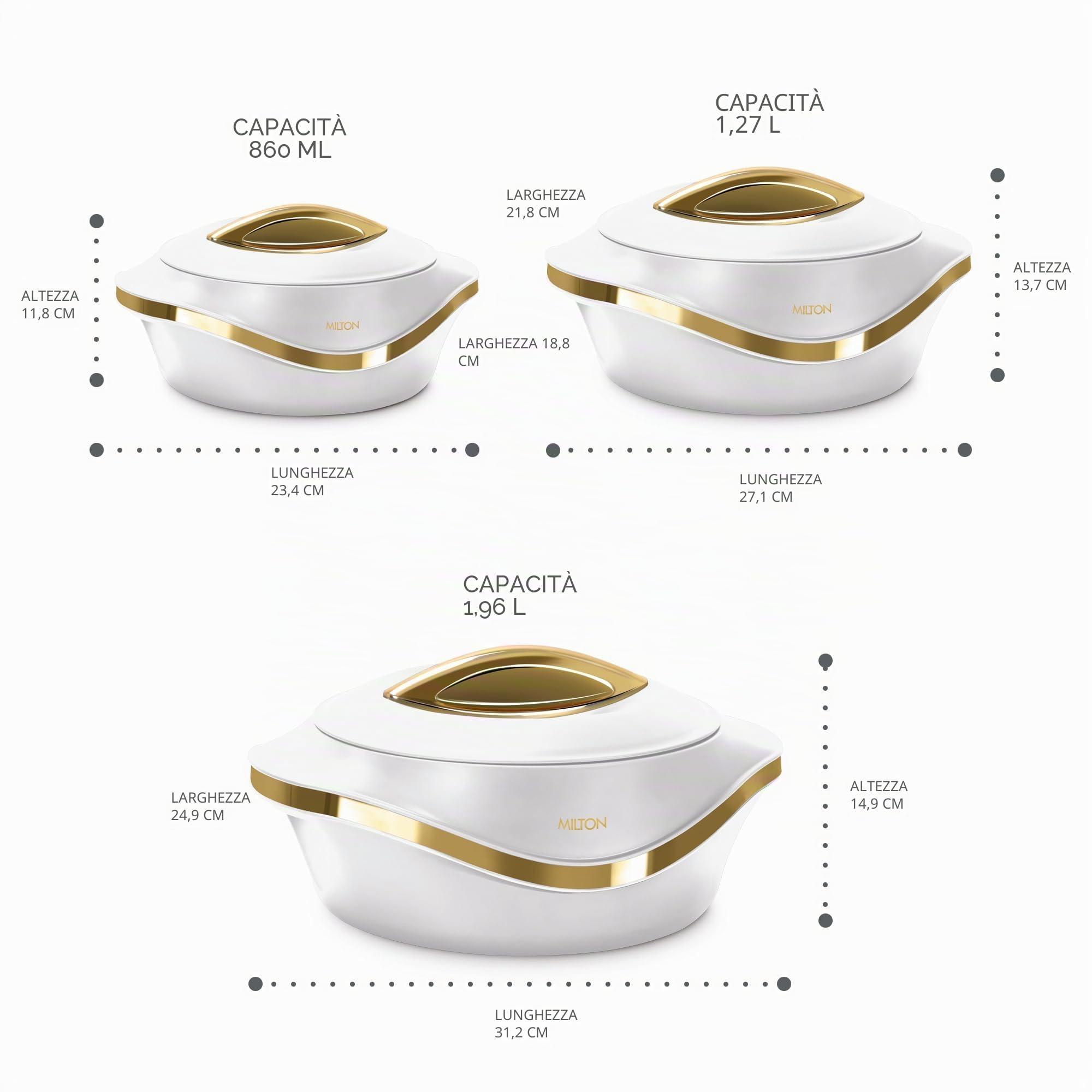 Set di 3 casseruole isolate con coperchio di MILTON - 1,9/1,4/1 l. Pentola calda scaldavivande/raffreddamento - Ciotola termica per servire zuppa/insalata - Contenitore per alimenti caldi in acciaio