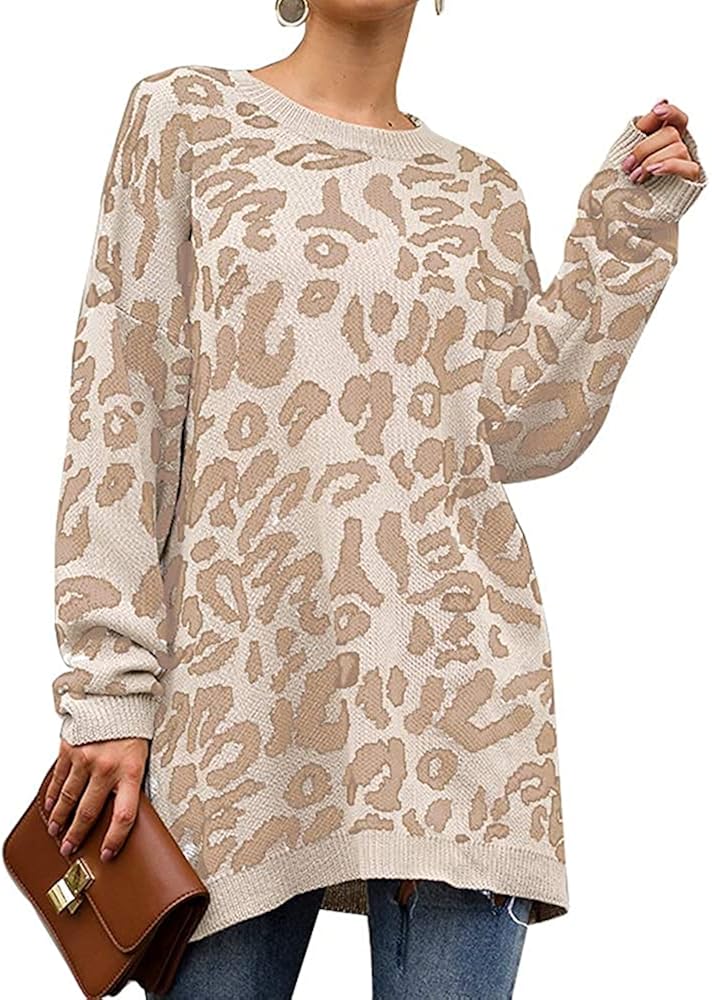 PRETTYGARDEN Women’s Casual Leopard Print Long Sleeve Crew Neck Knitted Oversized Pullover Sweaters Tops