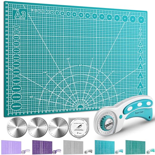 Miuzei Rotary Cutter Set: A3 Cutting Mat 45mm Fabric Cutter Self-Healing Craft Mat Quilting Kit Suitable for Cutting Fabric Sewing Leather and Paper Green