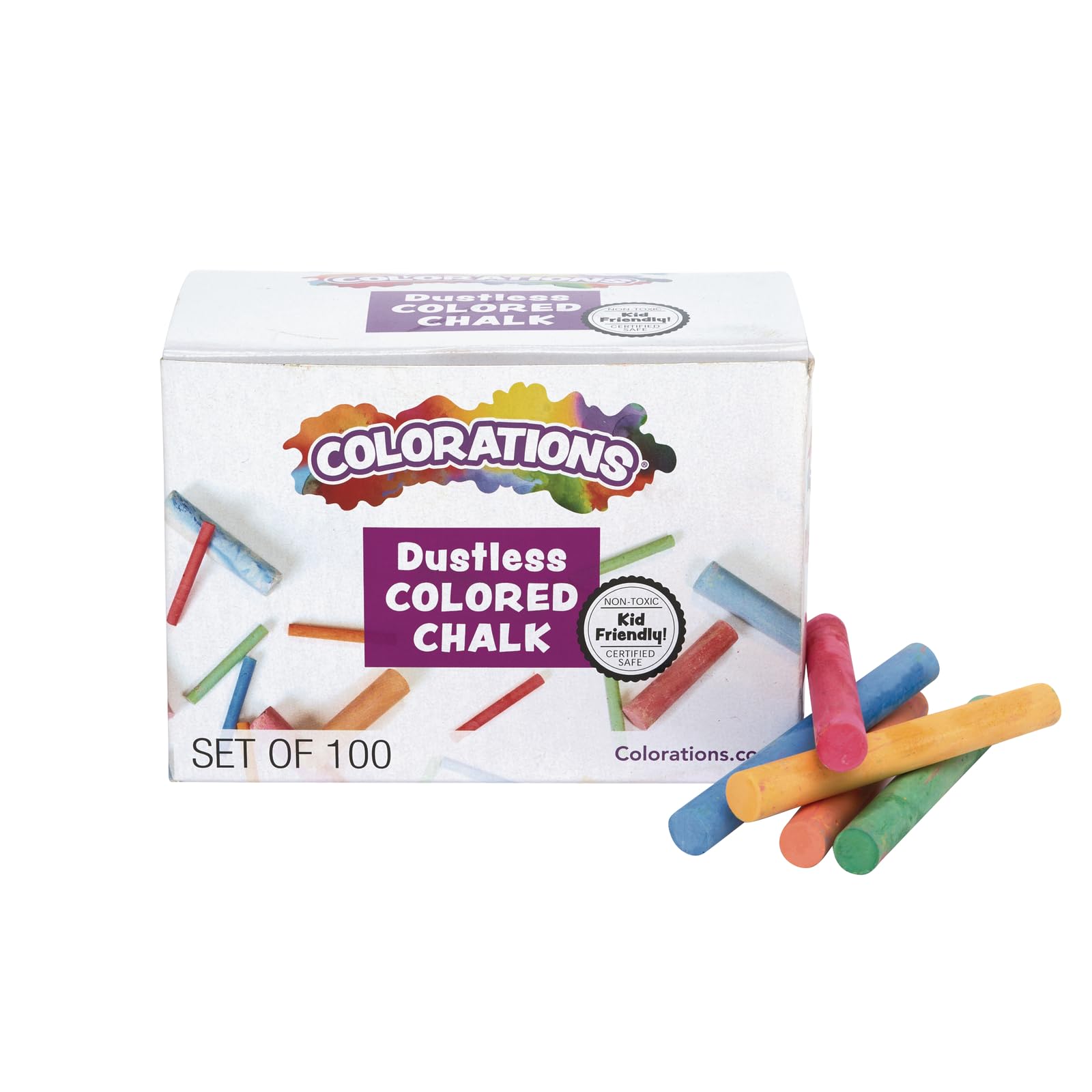 Colorations CNODUST Dustless Colored Chalk, Value, Multi-Colored, for Kids, Classroom, Learning, Drawing, Create, Play, Non-Toxic, 3 inches x 3/8 inch, Assorted, 100 Count (Pack of 1)