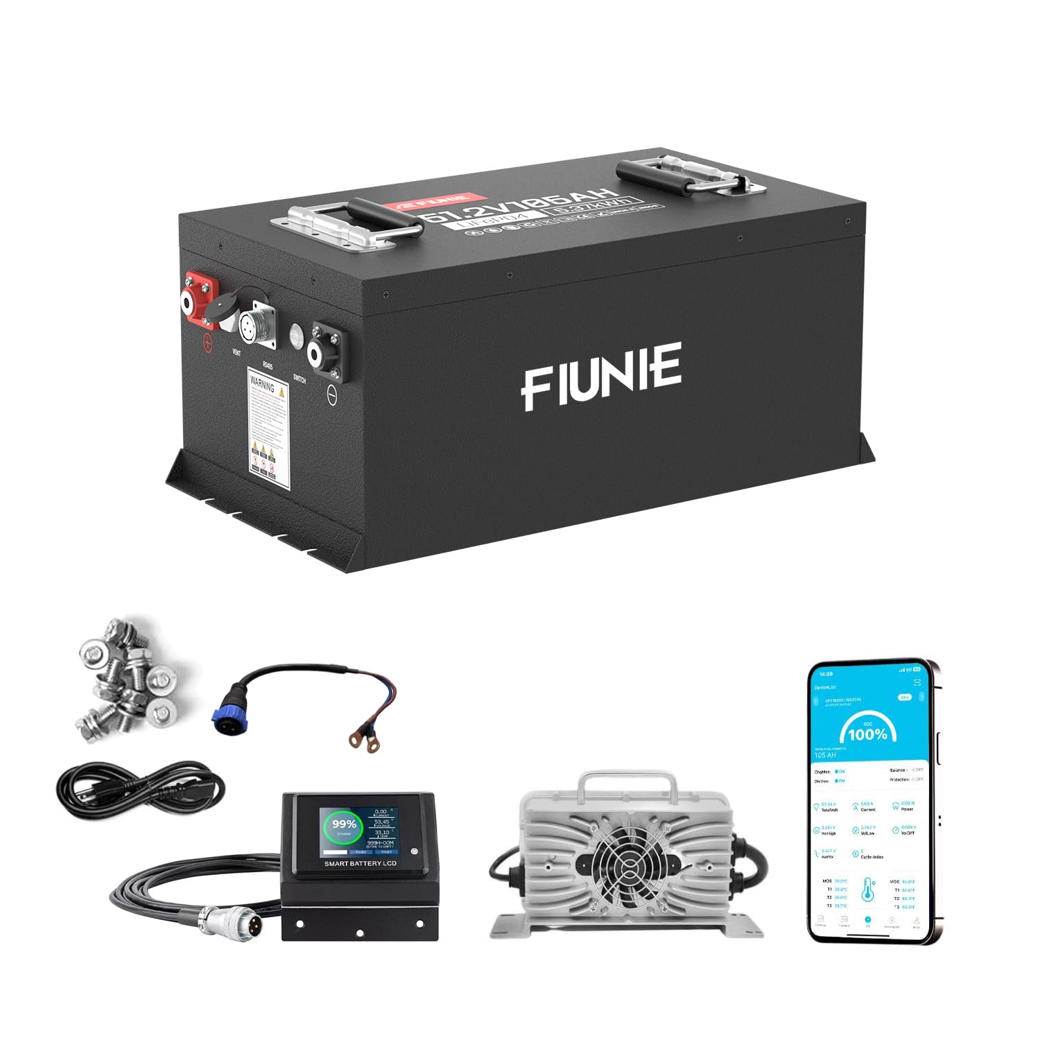 48V Lithium Battery Golf Cart Kit 18A Charger, 48V 105Ah Lifepo4 Battery with LCD Monitor, Built-in Smart 200A BMS, Max 10.24kW Load Power Output for Golf Carts,Club Car, EZGO, Yamaha