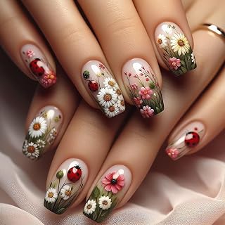 Spring Press on Nails Square Medium Length Fake Nails Daisy Flowers Acrylic Nails Green Leaf Floral False Nails Gradient Coffin Artificial Nails Glossy Glue on Nails for Women Nails Decoration 24Pcs