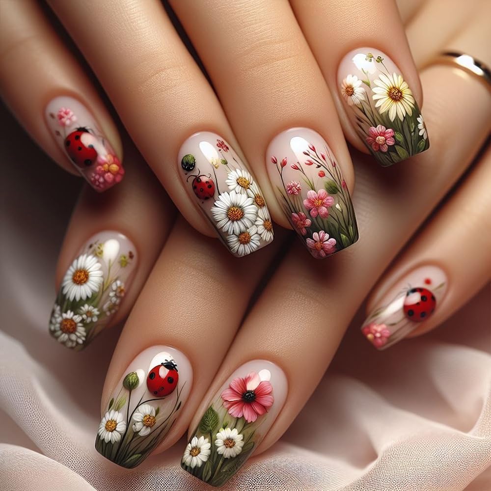 Spring Press on Nails Square Medium Length Fake Nails Daisy Flowers Acrylic Nails Green Leaf Floral False Nails Gradient Coffin Artificial Nails