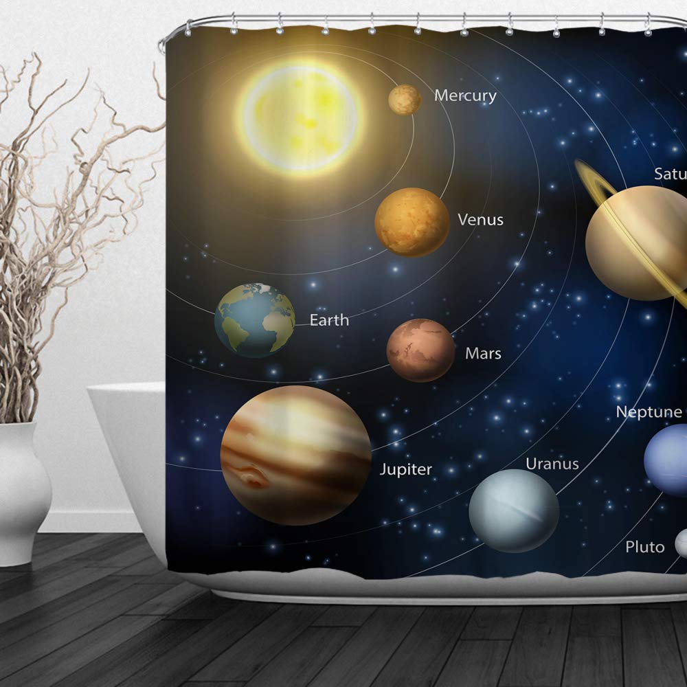 Joocar C17 Design Shower Curtain, Planet Universe Galaxy Astronomy Outer Space Planets Milk Way Neptune Venus Mercury Sphere Solar System, Waterproof Cloth Fabric Bathroom Decor Set With Hooks
